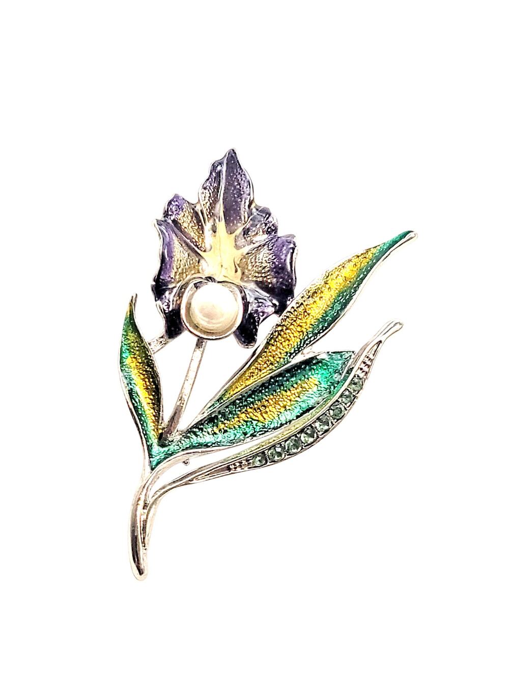 Napier Calla Lily Faux Pearl Rhinestone Enamel Flower Silver Tone Brooch Pin